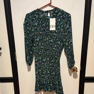 Zara Long Sleeve Floral Dress in Green and Blue